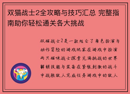 双猫战士2全攻略与技巧汇总 完整指南助你轻松通关各大挑战